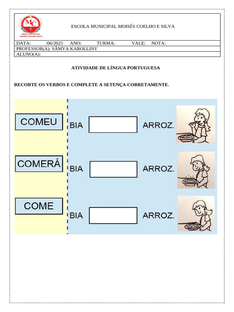 Atividade de Português 7ºa Adaptada - (Verbos) | PDF
