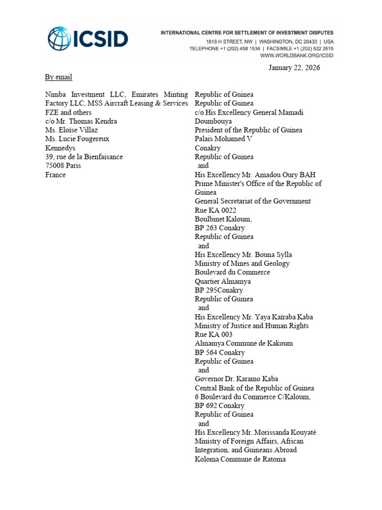 2026.01.22 - ICSID LTR | PDF | Guinea | Government