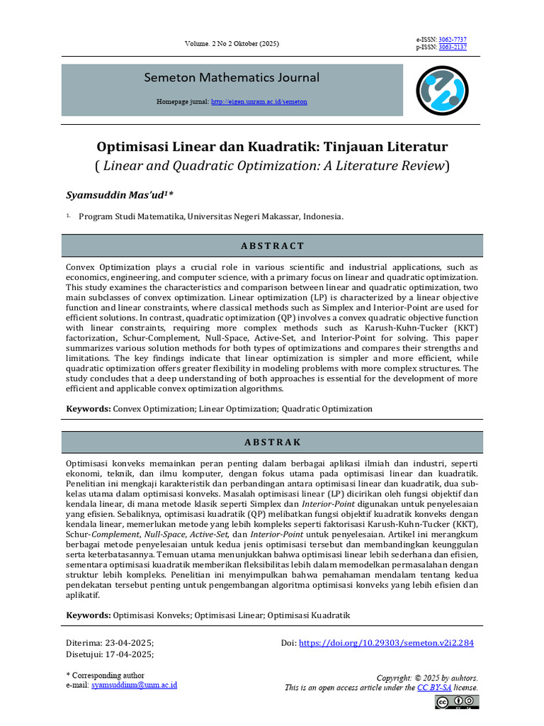 Optimisasi Linear Dan Kuadratik Tinjauan Literatur | PDF