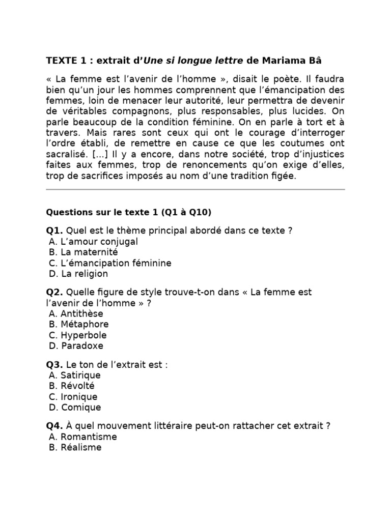 TEXTE 1 - Extrait D'une Si Longue Lettre de Mariama Bâ | PDF