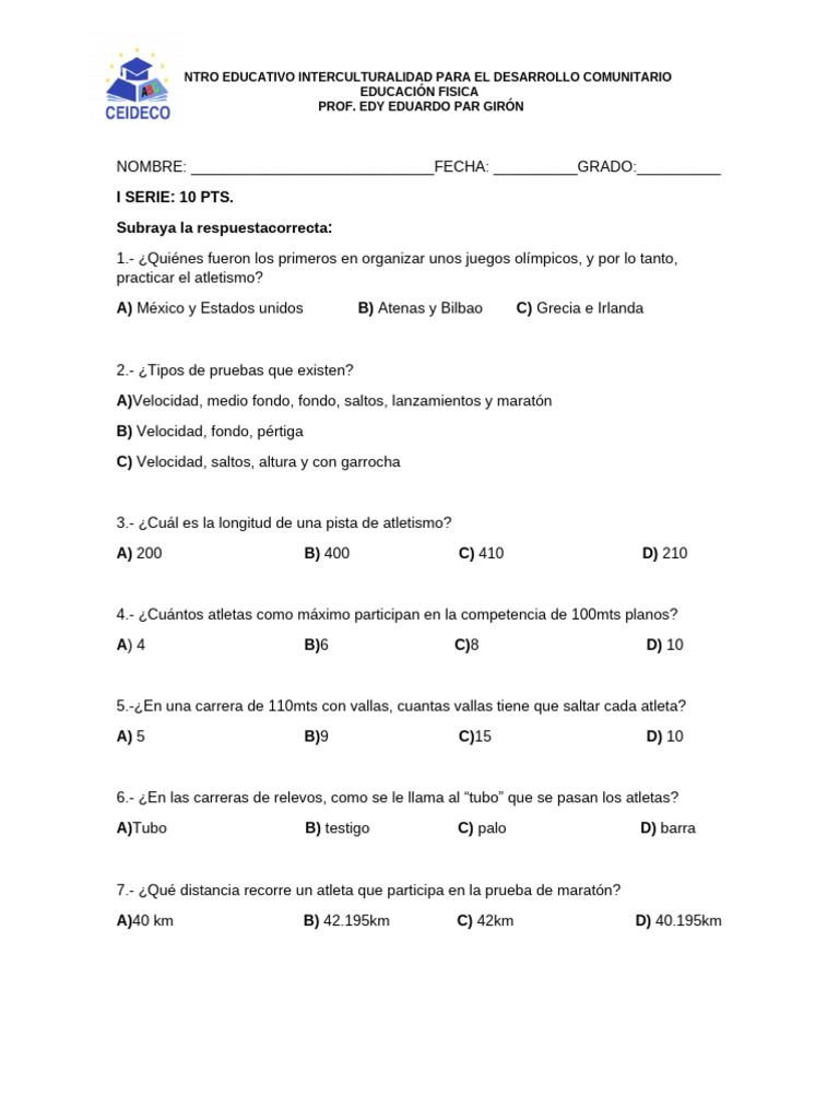 Examen ATLETISMO | PDF | Deporte del atletismo | Deportes olímpicos de ...