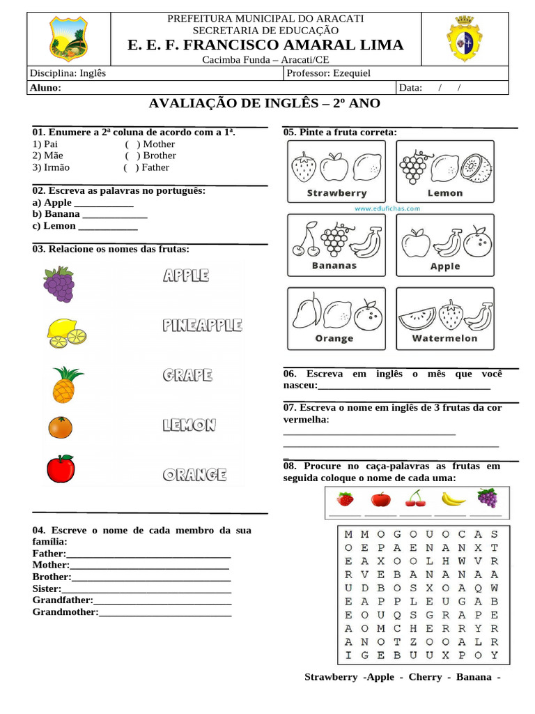 Avaliação - Inglês 2 Ano - 1º Bimestre | PDF