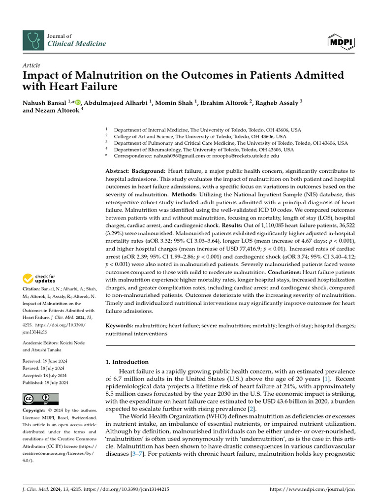 Impact of Malnutrition On The Outcomes in Patients Admitted With Heart ...
