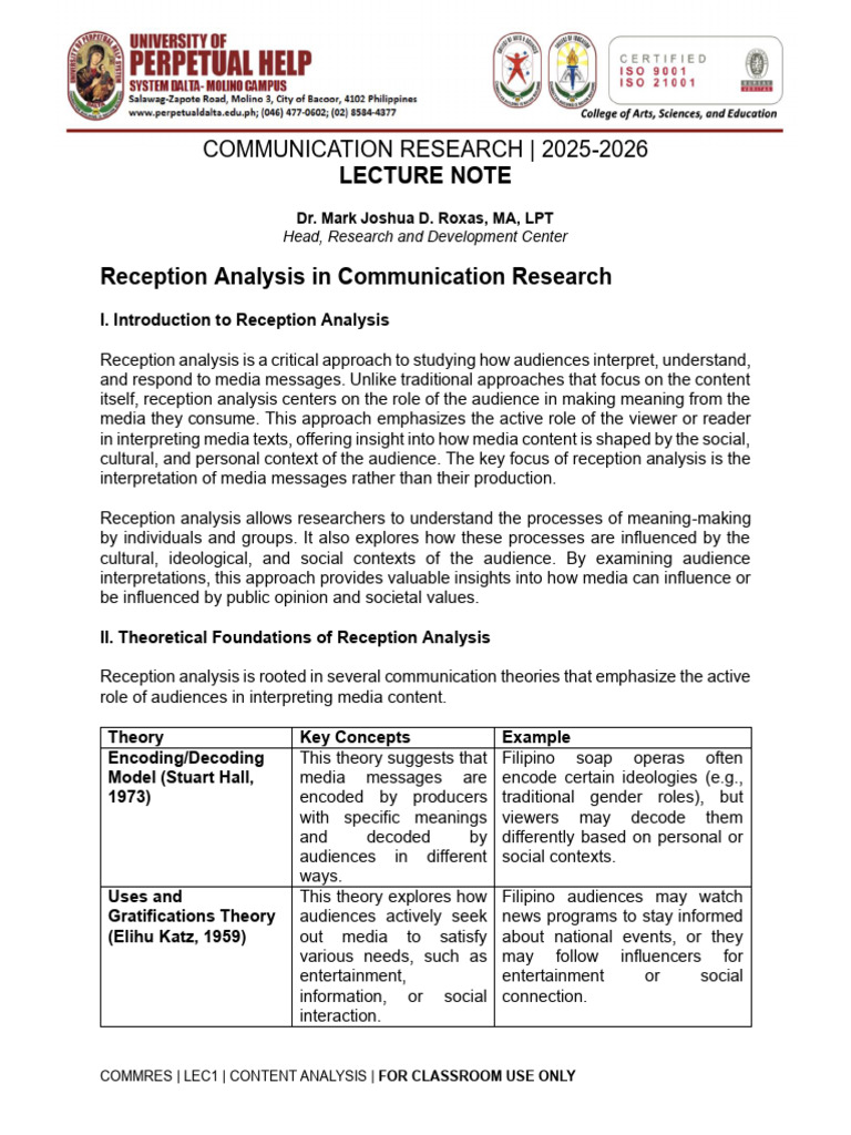 Lec3 Reception Analysis in Commres | PDF | Ethnography | Focus Group