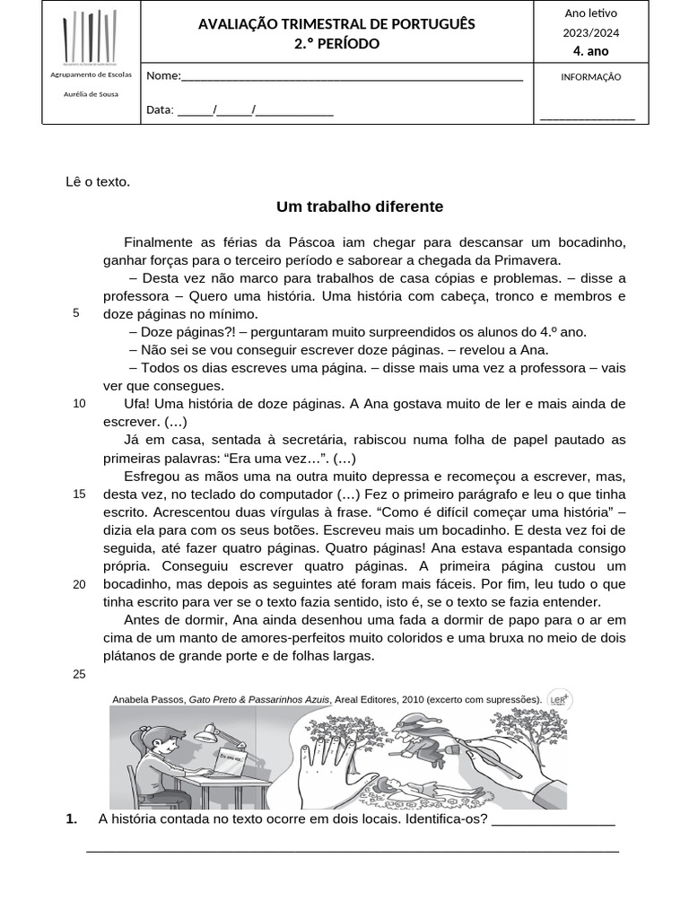 Ficha de Avaliação Trimestral de Português - 2.º Período | PDF ...