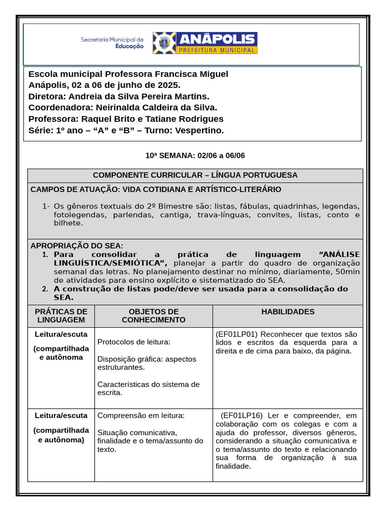 PLANO DE AULA 1 Ano A e B - 02 A 06.06.25 | PDF | Fonema | Sílaba