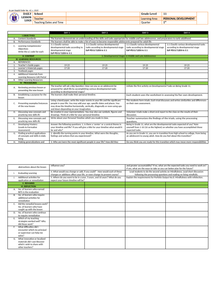 DLL Personal Devt-G11 W3 | PDF | Learning | Teachers