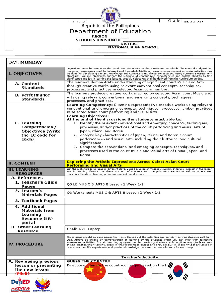 q3 Music & Arts 8 Week 1-Day 1 | PDF | Learning | Teachers