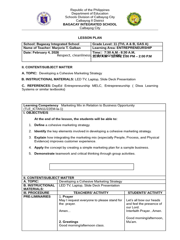 2-03-26 Day 8 Entrep Lesson Plan | PDF | Marketing | Marketing Strategy