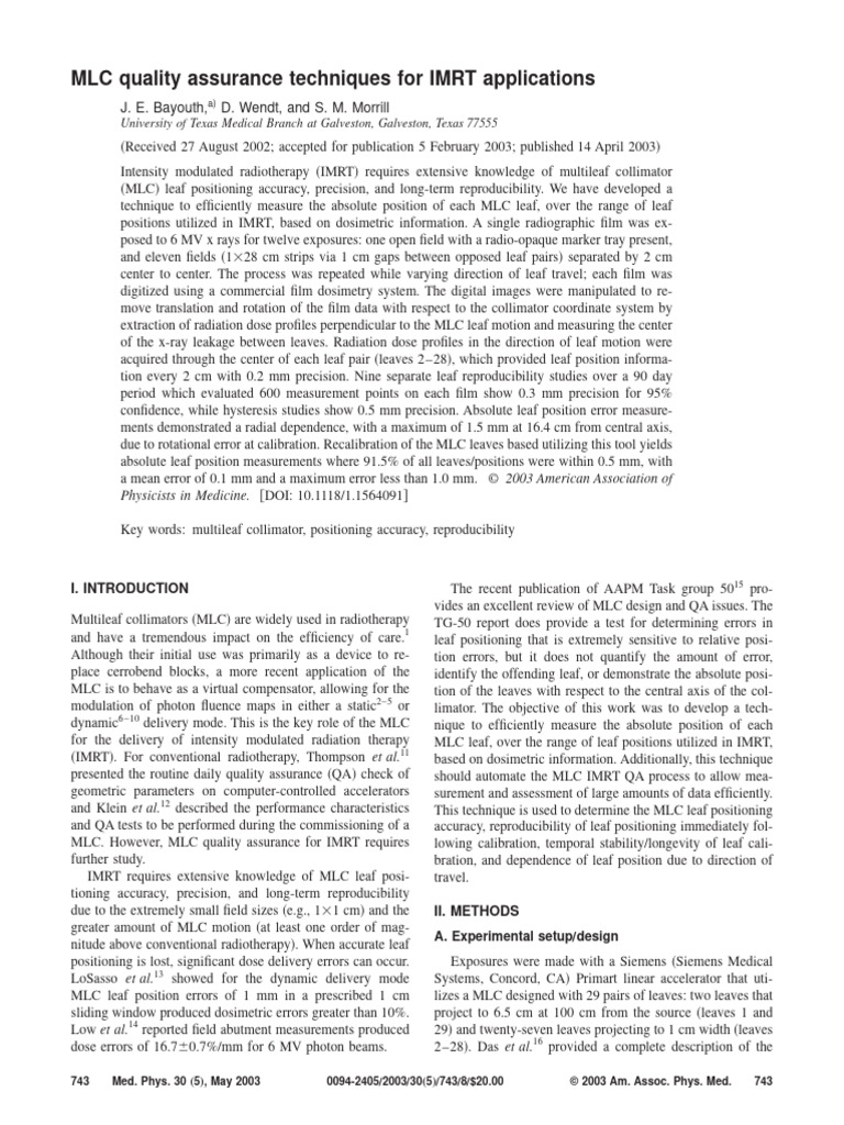 5 MLC Quality Assurance Techniques For IMR | PDF | Radiation Therapy ...