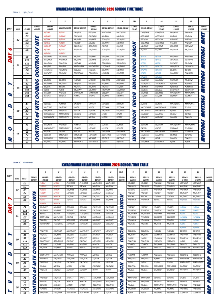 Tterm 1 Day 6-10 Composite Timetable | PDF | Chess Openings | Chess Theory