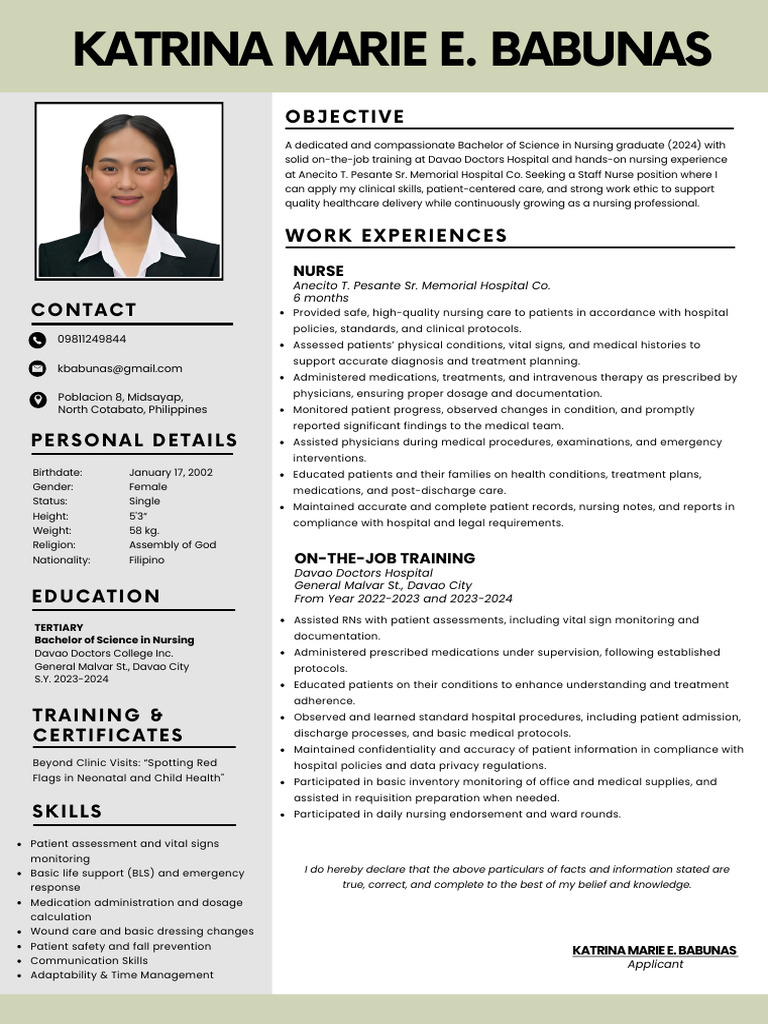 Katrina Marie E. Babunas CV | PDF | Nursing | Patient