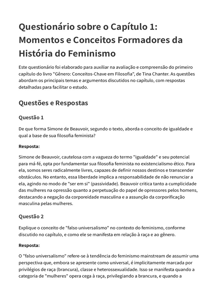 Questionário Sobre o Capítulo 1 Momentos e Concei | PDF | Feminismo ...