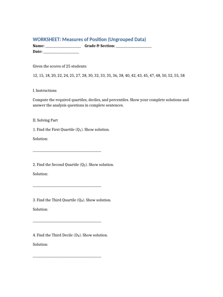 Measures of Position Worksheet | PDF