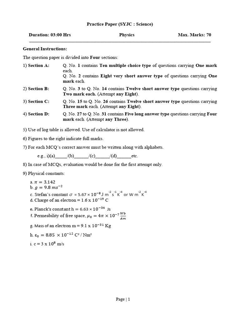 SYJC Physics Practice Paper 2025 Set - 2 | PDF | Electric Current ...