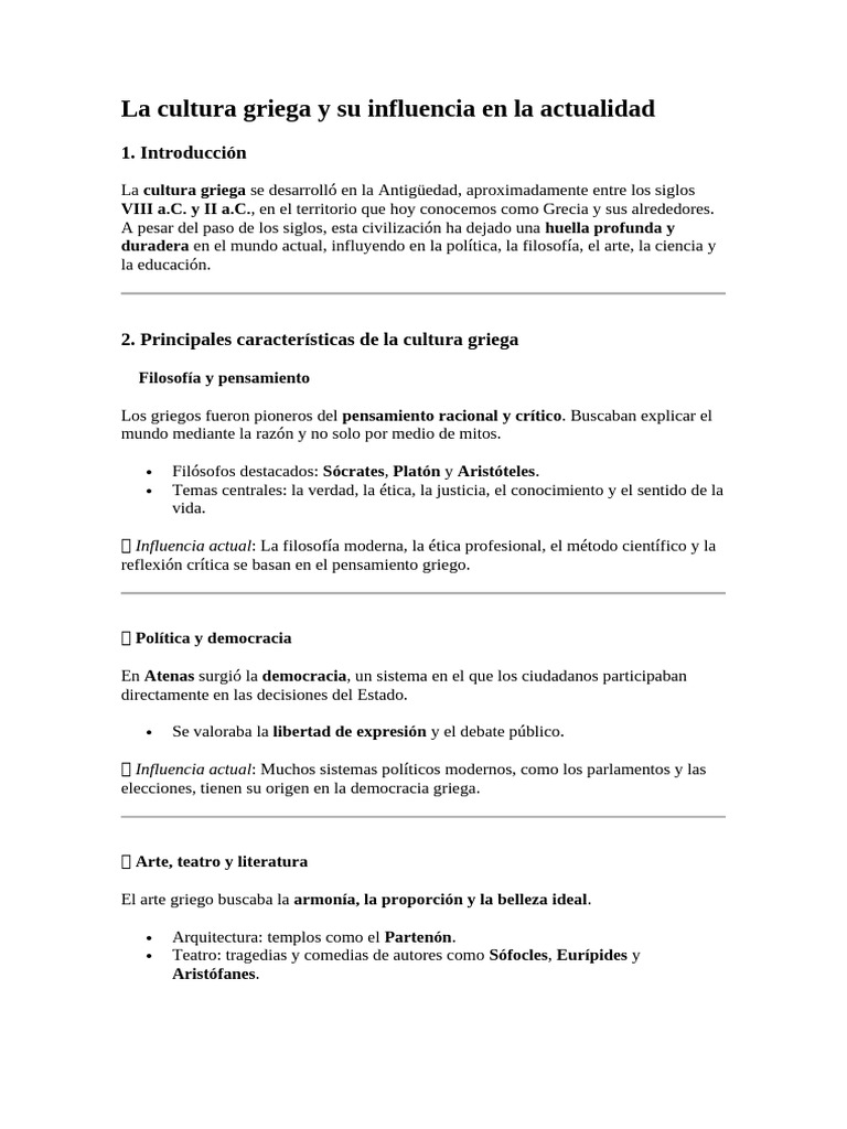 La Cultura Griega y Su Influencia en La Actualidad, Yemerson. | PDF ...