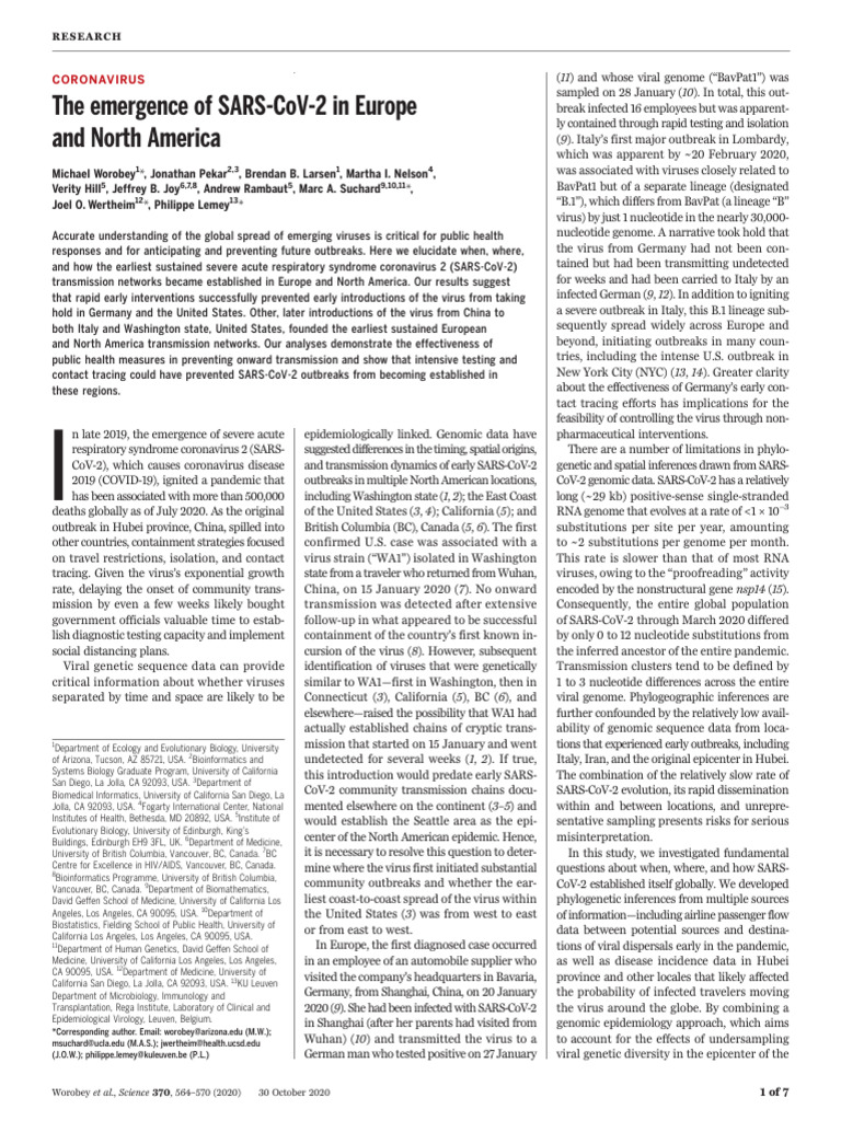 The Emergence of SARS-CoV-2 in Europe and North America | PDF | Biology ...