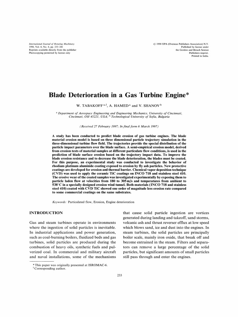 Blade Deterioration in A Gas Turbine Engine | PDF | Turbine | Chemical ...