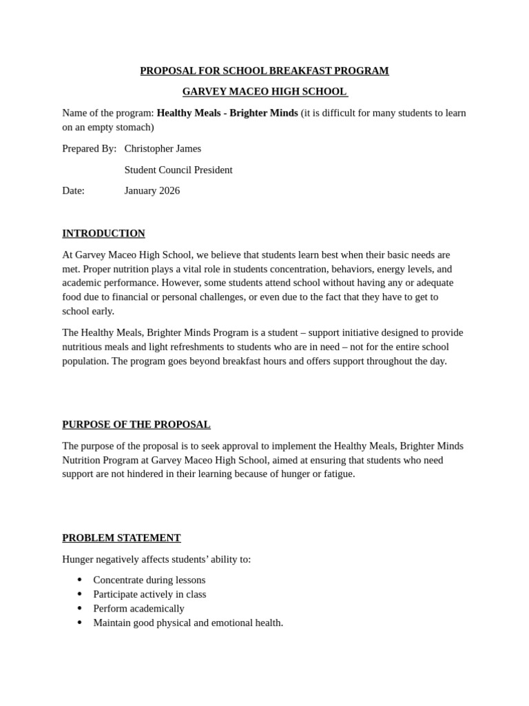 Poposal For School Breakfast Program | PDF | Meal