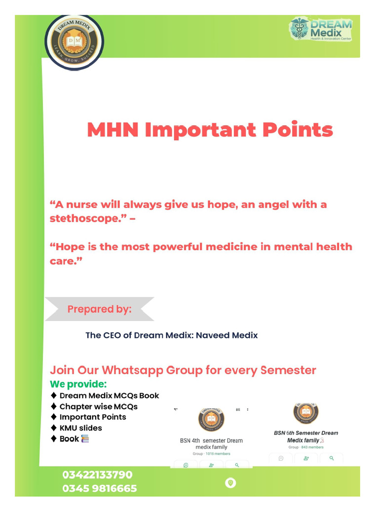 MHN Important Points by Naveed Medix | PDF | Paranoia | Mania