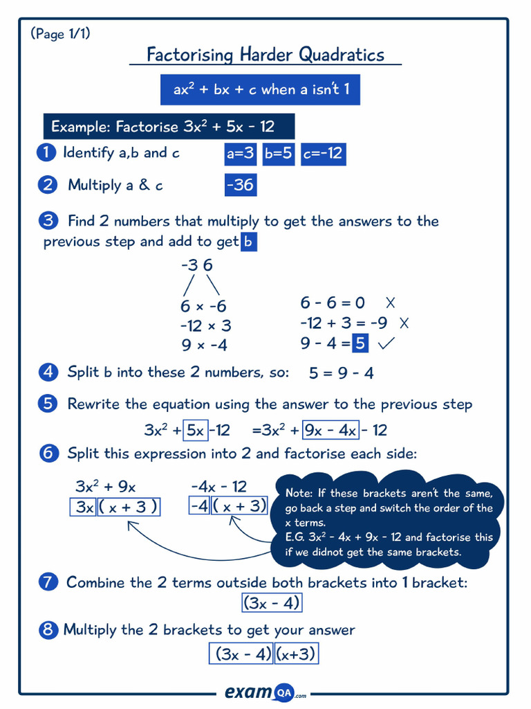 ExamQA GCSE Maths Factorising Harder Quadratics Notes | PDF