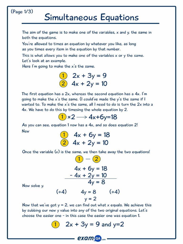 Simultaneous Equations Notes | PDF