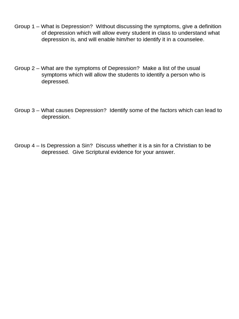 Group Assignments For Class Presentation On Depression | PDF