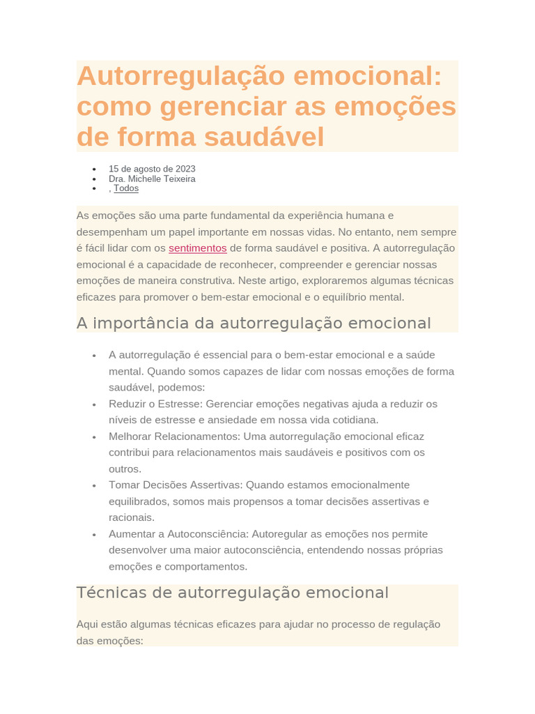 Autorregulação Emocional | PDF | Autorregulação emocional | Emoções