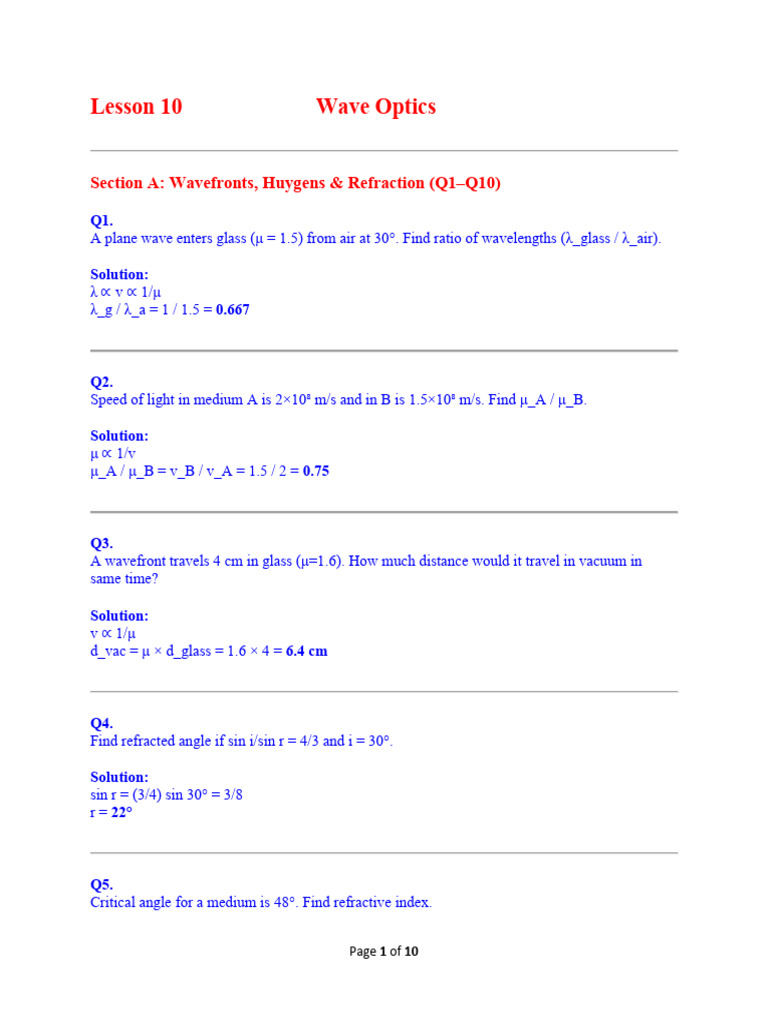 G12 L10 Wave Optics 28jan26 | PDF | Diffraction | Refraction