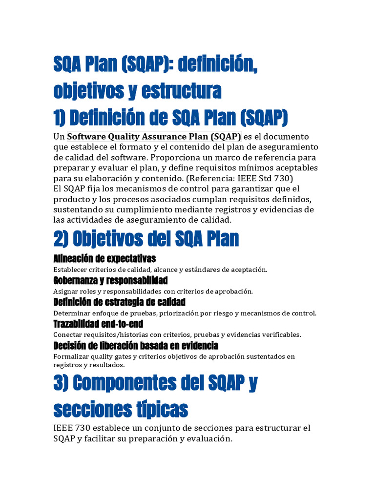 SQA Plan (SQAP) - Definición, Objetivos y Estructura | PDF | Calidad ...