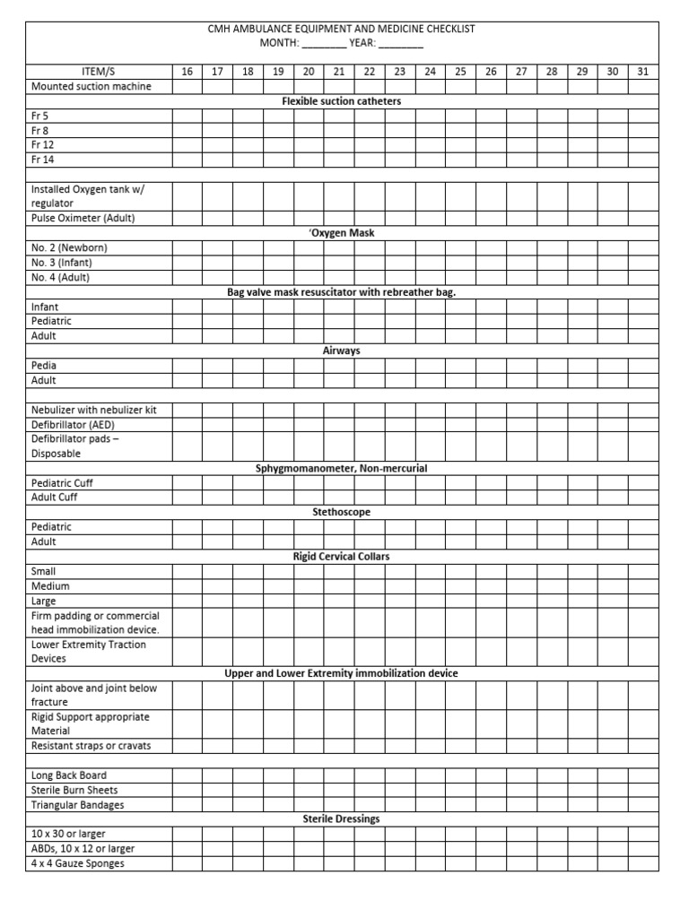 16 To 31 Ambulance Equipment Checklist | PDF