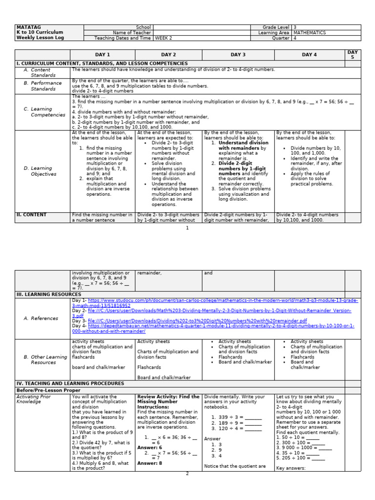 DLL Mathematics 3 q4 w2 | PDF | Division (Mathematics) | Mathematics