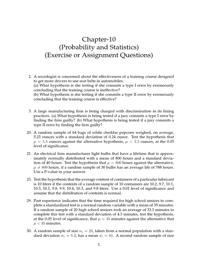 Chapter 10 Probability Exercise or Assignment Questions | PDF | Type I ...