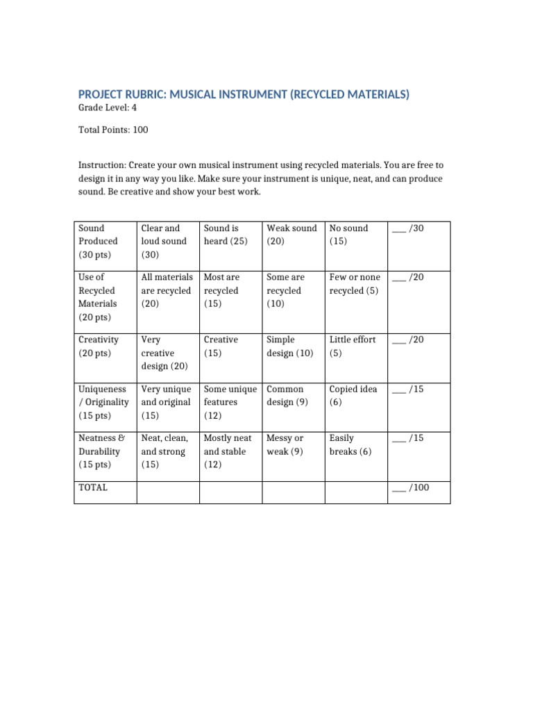 Grade4 Musical Instrument Rubric-1 | PDF