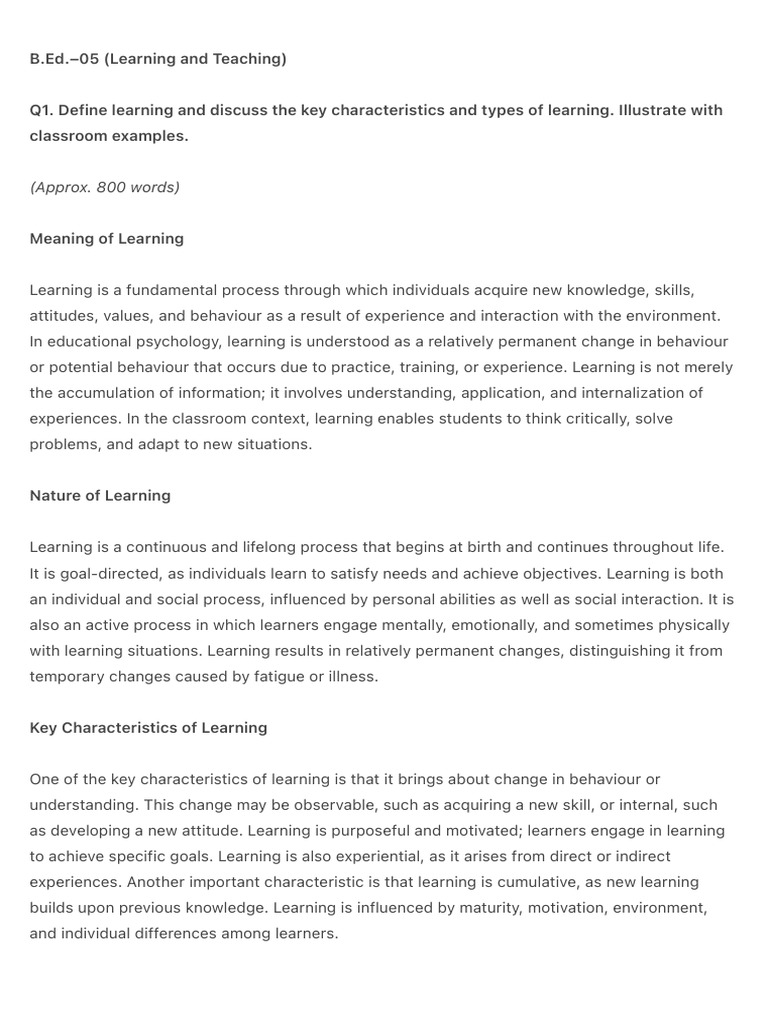 B.Ed.-05 (Learning and Teaching) | PDF | Learning | Adolescence