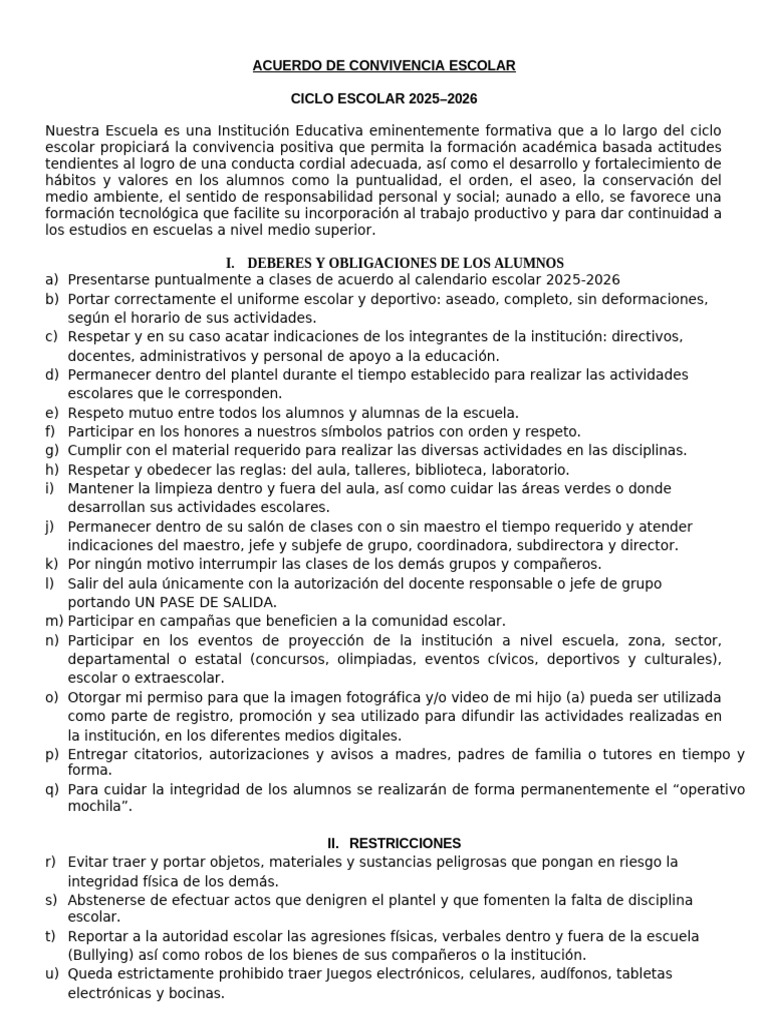 Acuerdo de Convivencia Escolar 2025 - 2026 - 100504 | PDF | Escuelas ...