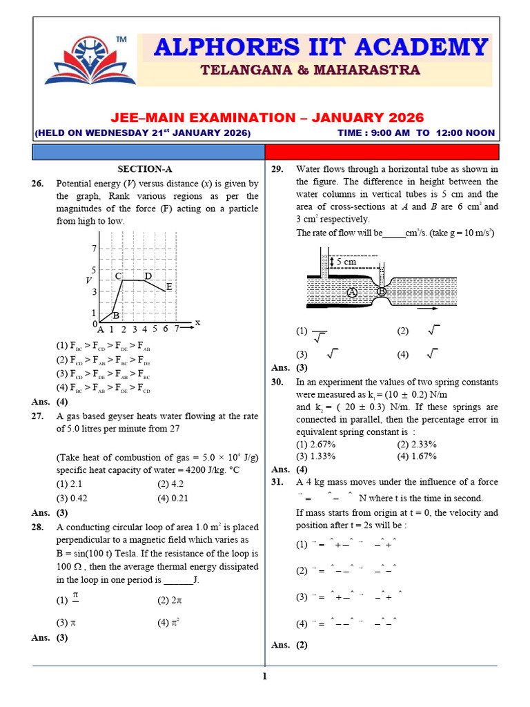 JEE Mains JAN Physics Session-1 2026 - Original Papers | PDF | Physics ...
