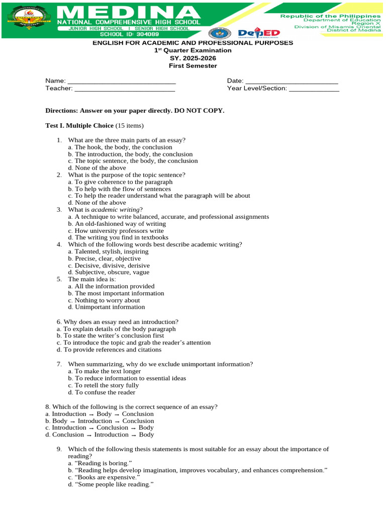 WITH TOS EXAM ENGLISH FOR ACADEMIC AND PROFESSIONAL PURPOSES | PDF ...