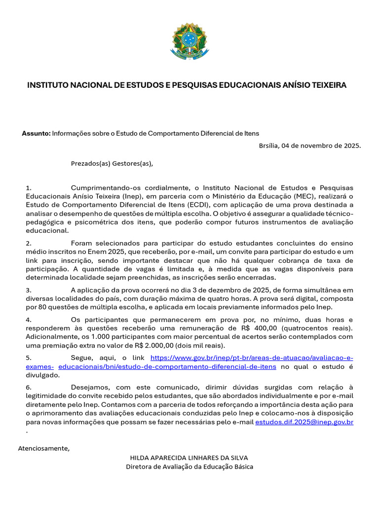 Oficio INEP 1819721 - Informações Sobre o Estudo de Comportamento ...