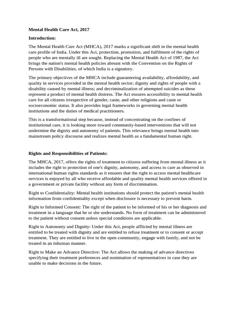 Mental Health Care Act, 2017 | PDF | Mental Health | Informed Consent