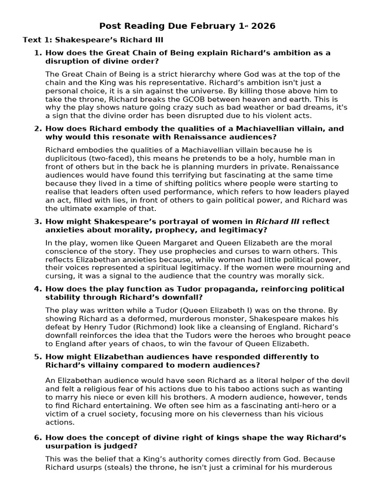 Post Reading Questions | PDF | William Shakespeare