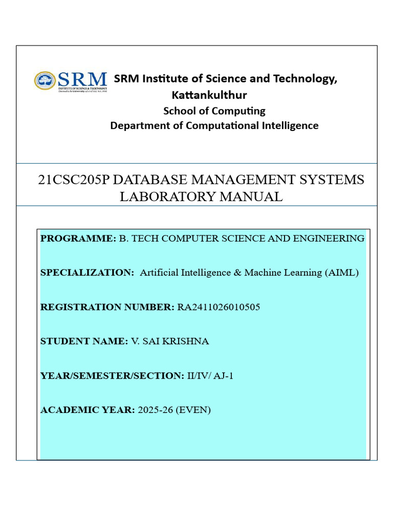 DBMS Lab Workbook Ex1-3 505 | PDF | Databases | Relational Model