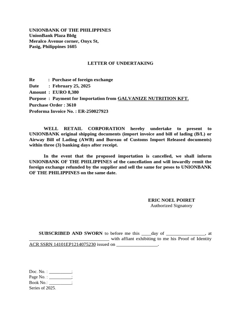 Letter of Undertaking | PDF | Receipt | Bill Of Lading