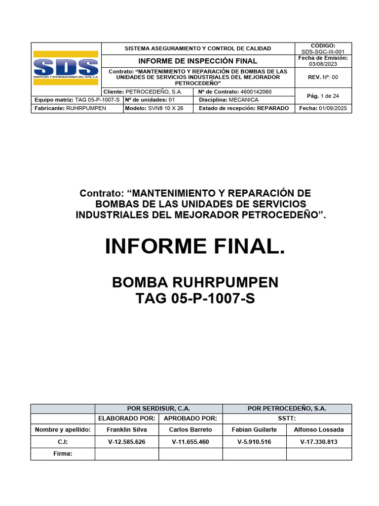 Informe Final Bomba Tag 05-p 1007-s | PDF | Ingeniería mecánica
