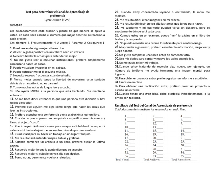 Test para Determinar El Canal de Aprendizaje de | PDF | Aprendizaje