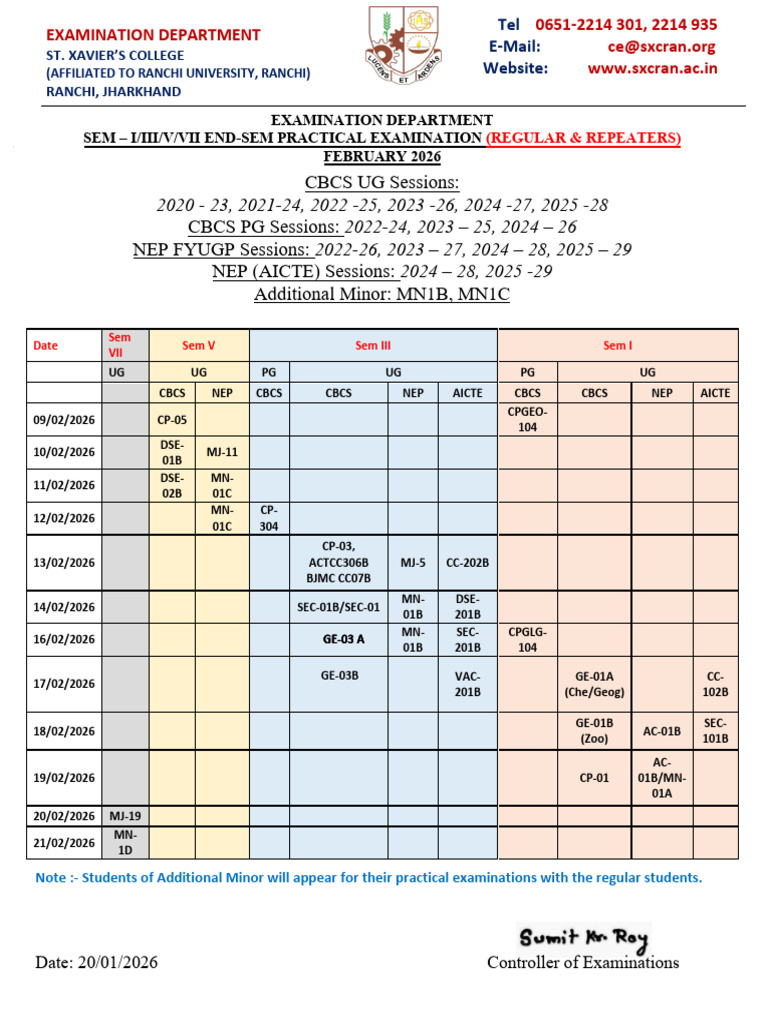 End Semester Practical Exam Date Sheet | PDF