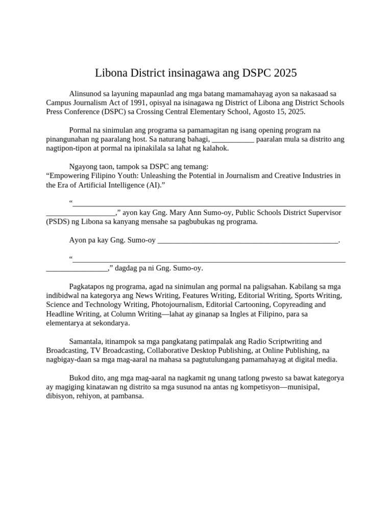 Libona District Insinagawa Ang DSPC 2025 | PDF