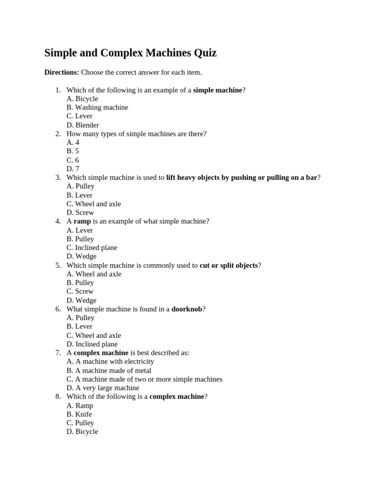 Simple and Complex Machines Quiz | PDF