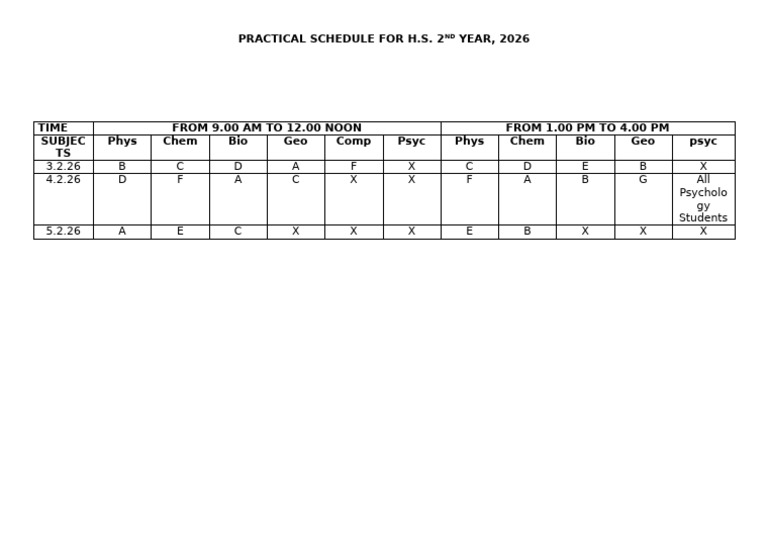 Practical Schedule For H.S. 2 YEAR, 2026 | PDF