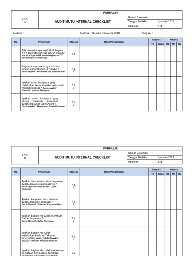 Ceklist Audit Internal Bagian HR | PDF